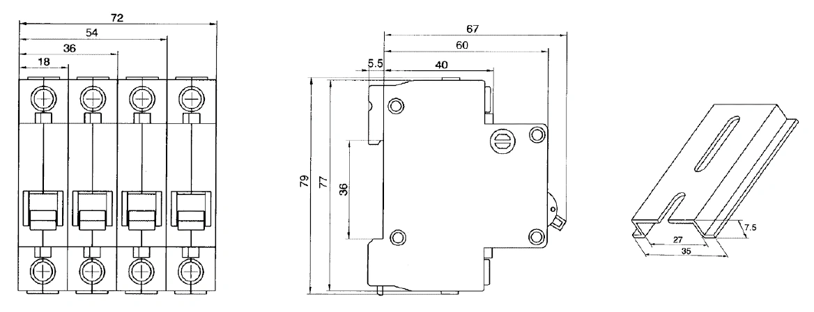 HX1 MCB overall and mounting dimensions